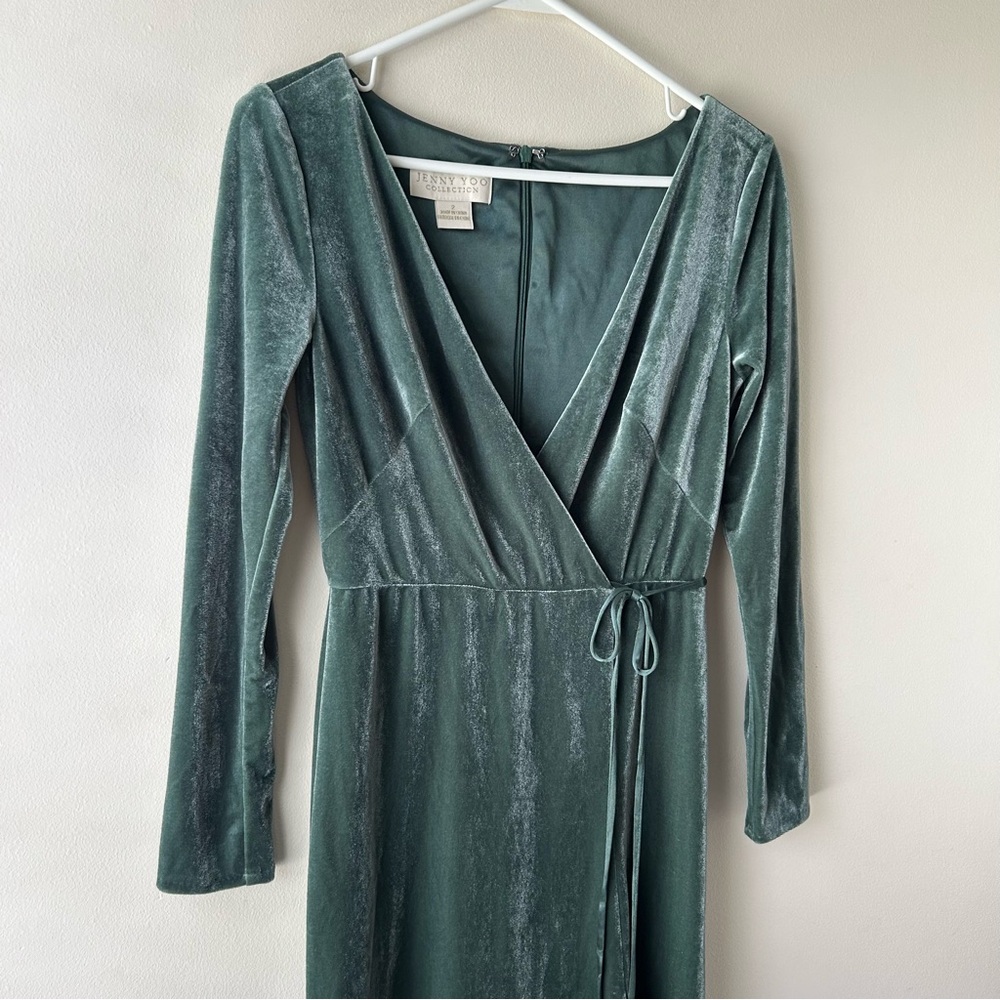 Jenny Yoo Collection Sage Green Long Sleeve Crushed Velvet Wrap Maxi Dress 2